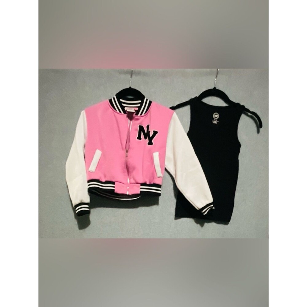 Pink & White NY Varsity Jacket with Black Tank set of 2 Girls Sz 8